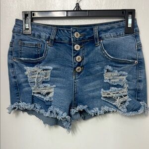 73. Distressed jean shorts 4 button fly, 2” inseam, waistband 12 1/2” across